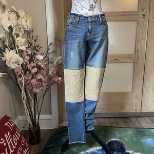 Artisan De Luxe Suede Patchwork  Women Jeans sz 27 Dark Blue Medium Wash Fringe